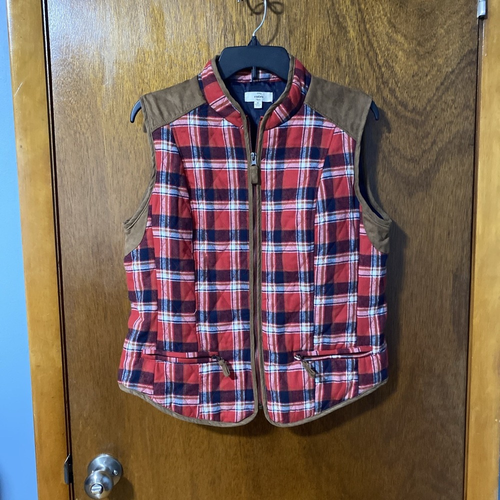Entro Women Plaid Quilted Vest Faux Suede Trim Red Brown Western J5994 Medium